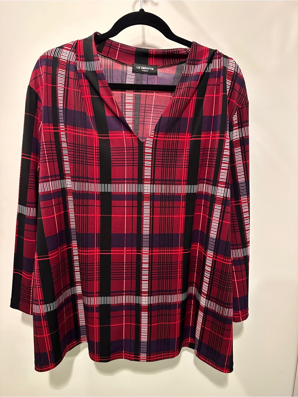 Liz Claiborne Red and Black Plaid V-Neck Tunic 2X
